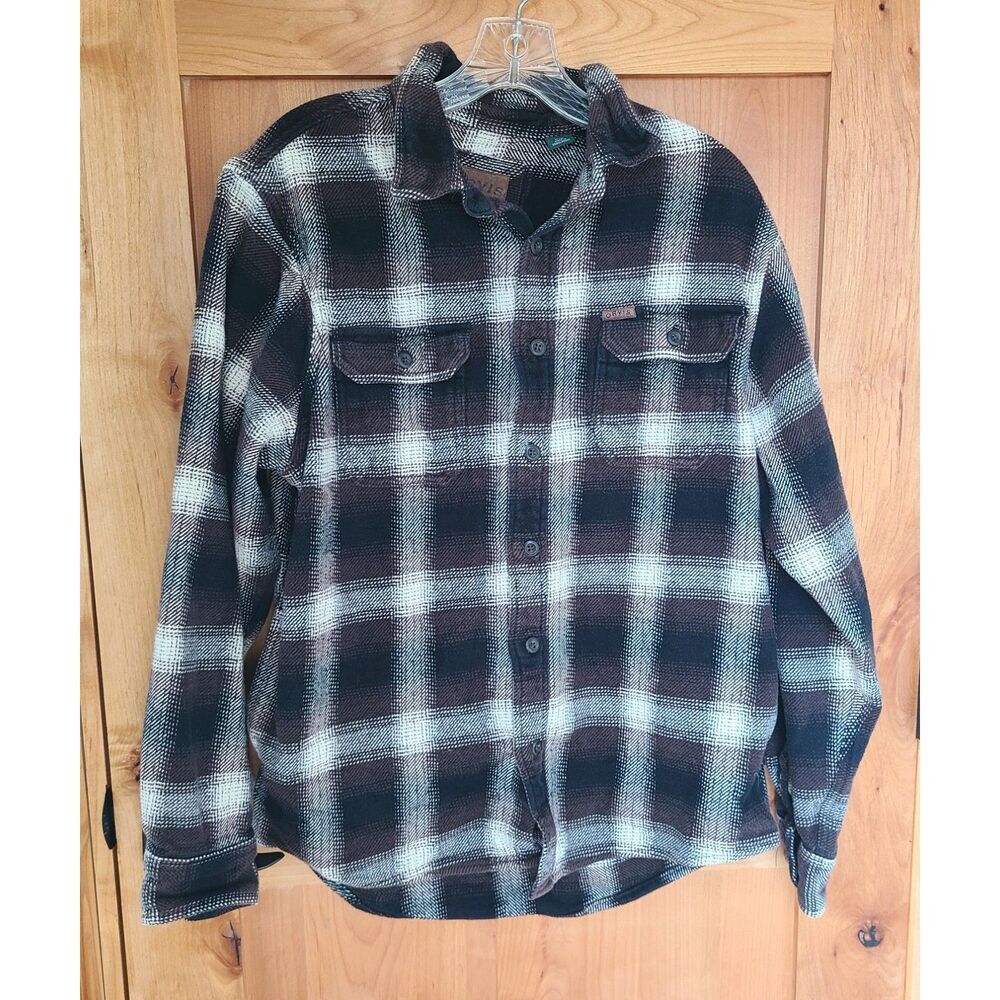Orvis Plaid Heavyweight Shirt Shacket MEDIUM Brown Black Outdoors Grandpa Cabin